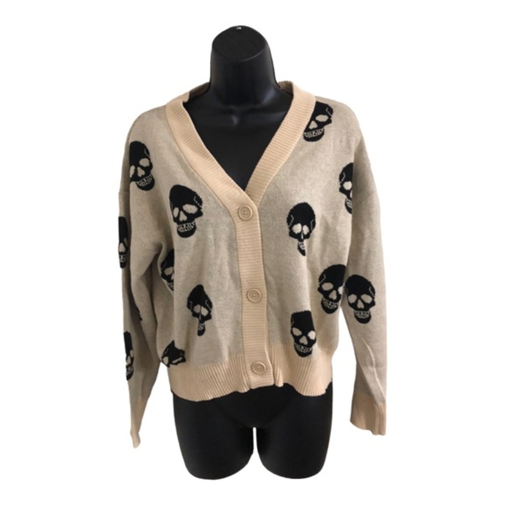 Cream skull print button front v-neck grandpa style cardigan size Medium new - Picture 4 of 11